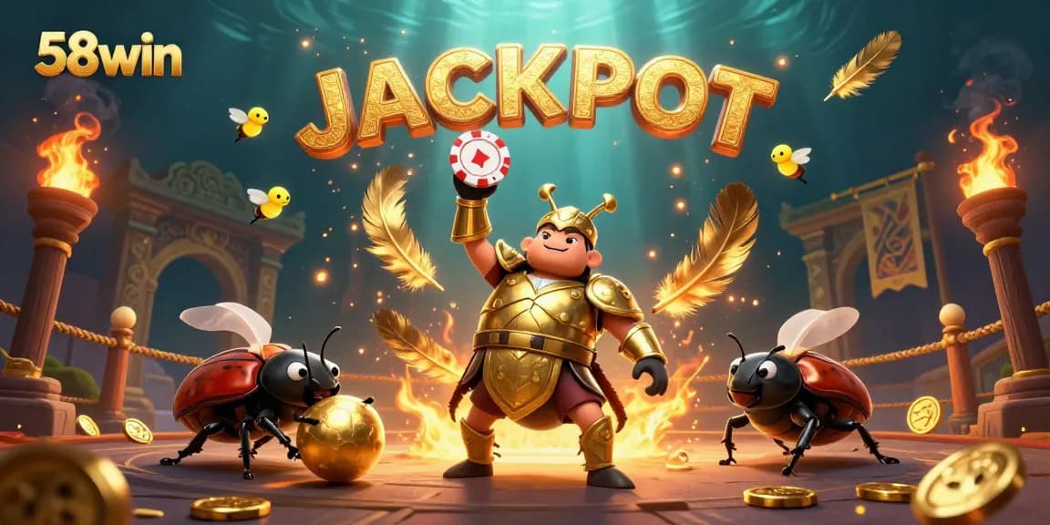 Experience the thrill with 58win's jackpot illustration featuring a victorious beetle champion.