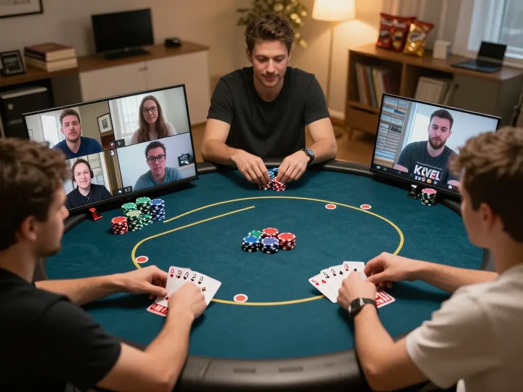 hitclub players immersed in an engaging online poker game showcasing strategic moments and intimate home atmosphere