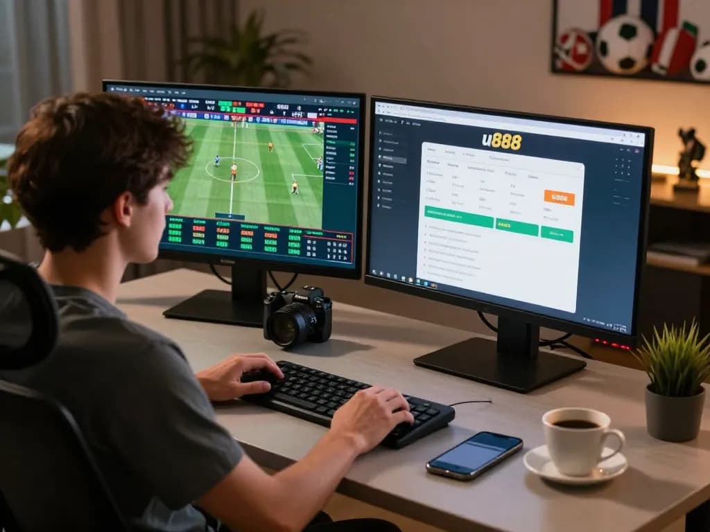 Person engaging in live sports betting on u888 with multiple screens displaying odds and events.