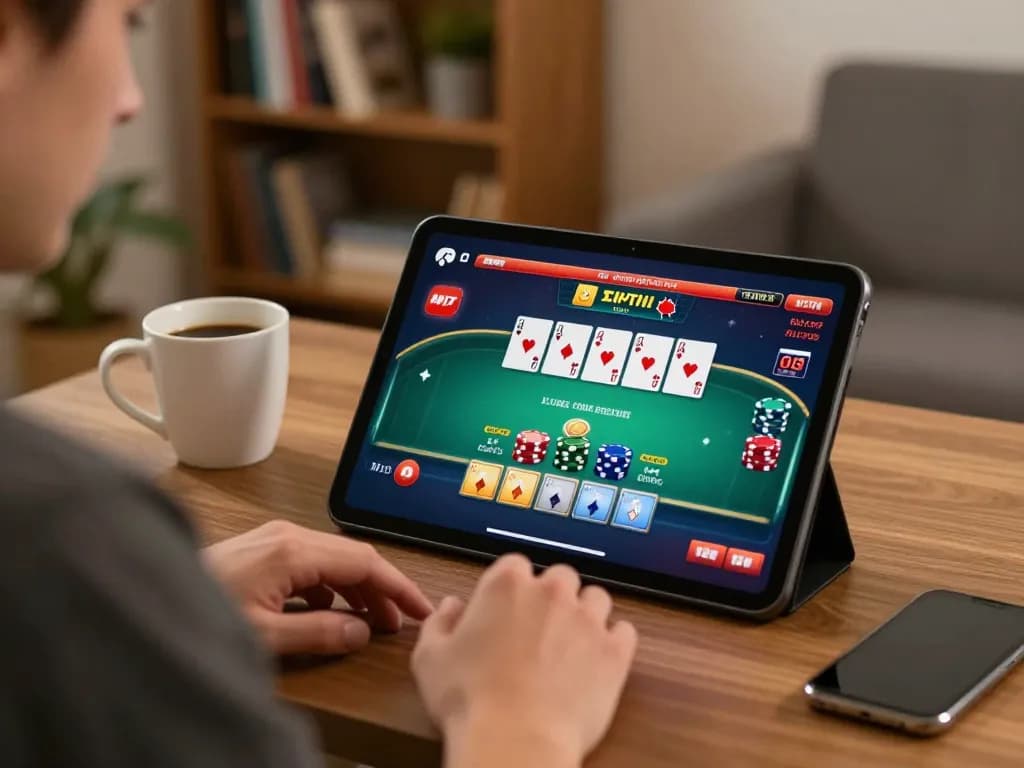 Dewatogel Online gaming experience with user engaged in live dealer poker game, tablet display visible