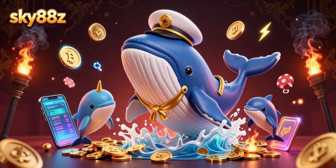 Engage with sky88z's vibrant casino illustration featuring whales and crypto elements.