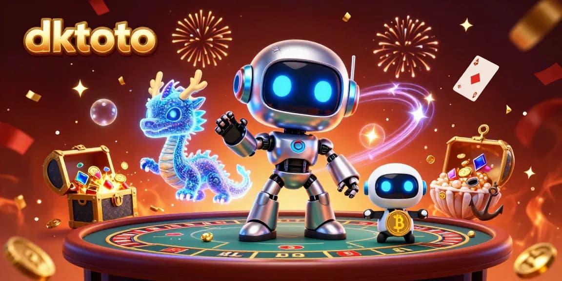 Engage with DKTOTO's vibrant baccarat scene featuring a cyberpunk character amidst floating cards and gold.