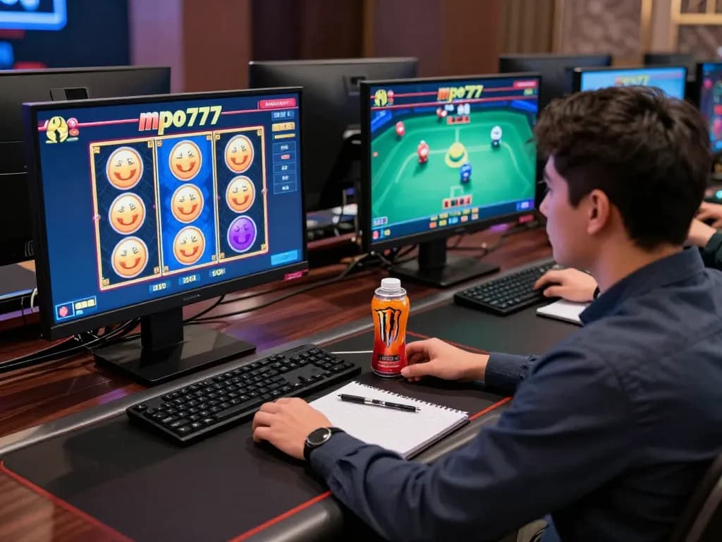 Adegan permainan online yang menarik menunjukkan pengguna mpo777 yang aktif bermain permainan slot yang cerah dari ruang kerja yang nyaman.