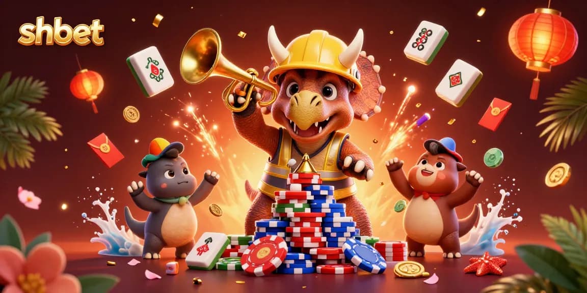 Experience thrilling shbet action with cartoon dinosaurs celebrating with poker chips and festive elements.