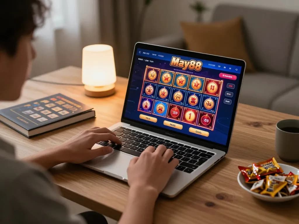 Engaging in online gaming on the May88 casino app at a cozy home setup with vibrant visuals.