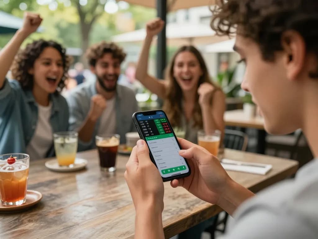 Bolagila Judi Lotto betting excitement at an outdoor café with friends cheering