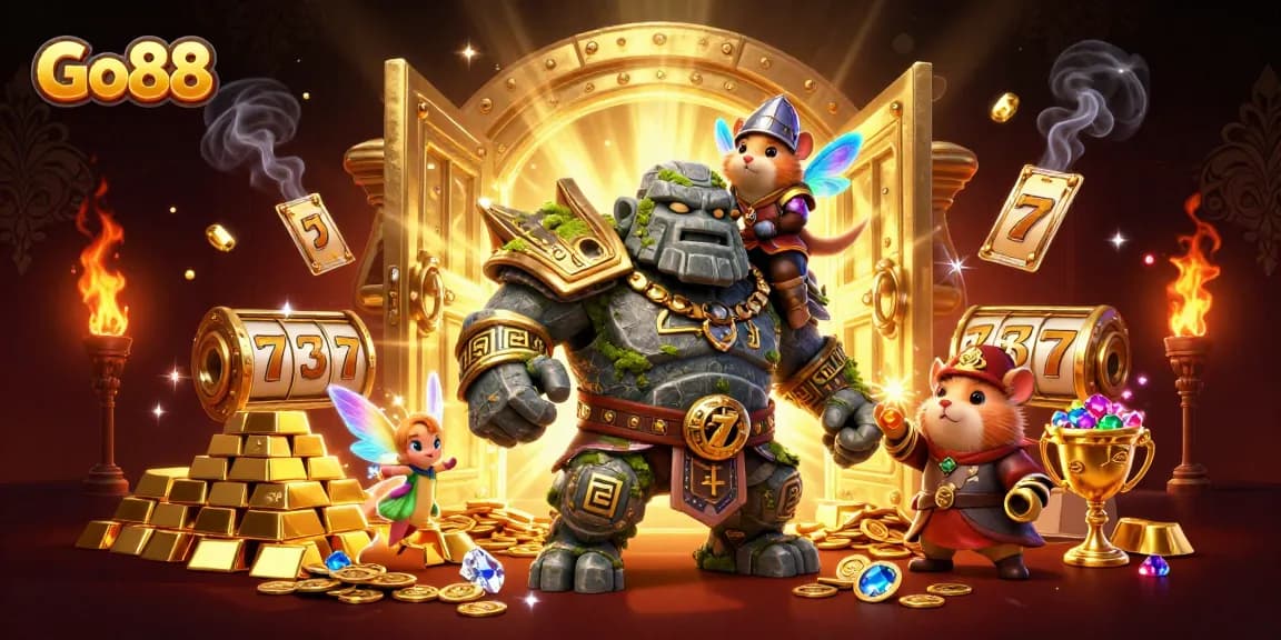 Experience vibrant gaming with Go88's treasure-filled casino adventure featuring magical characters.