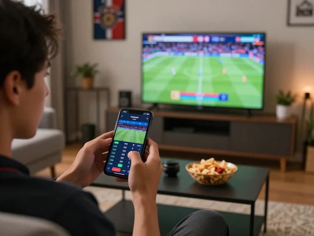 Engaged bettor monitoring live nowgoals football stats on smartphone in cozy home setting