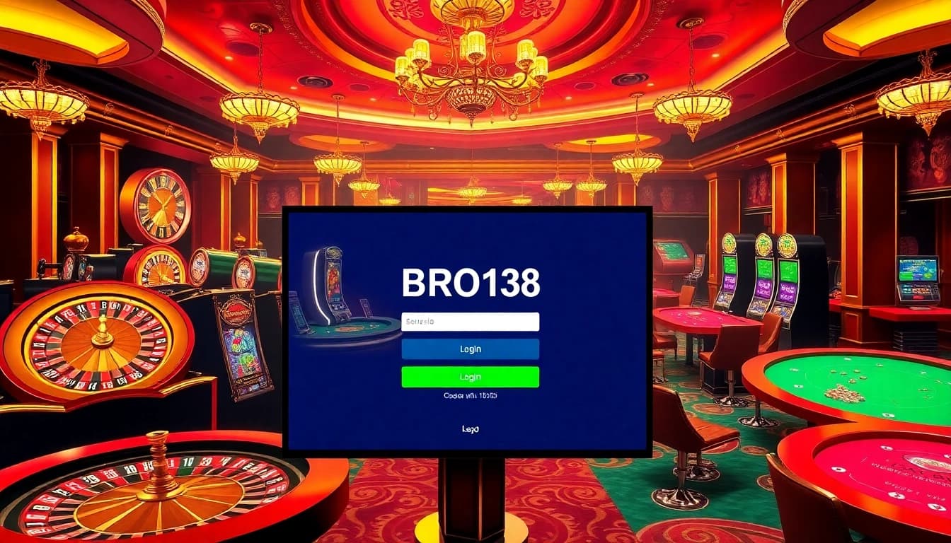 A gamblers' paradise showcasing a lively casino scene with BRO138 login interface, highlighting excitement and luxury.