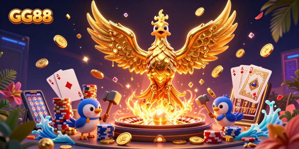 Experience GG88 with a vibrant 3D scene showcasing lively casino elements and dynamic gameplay.