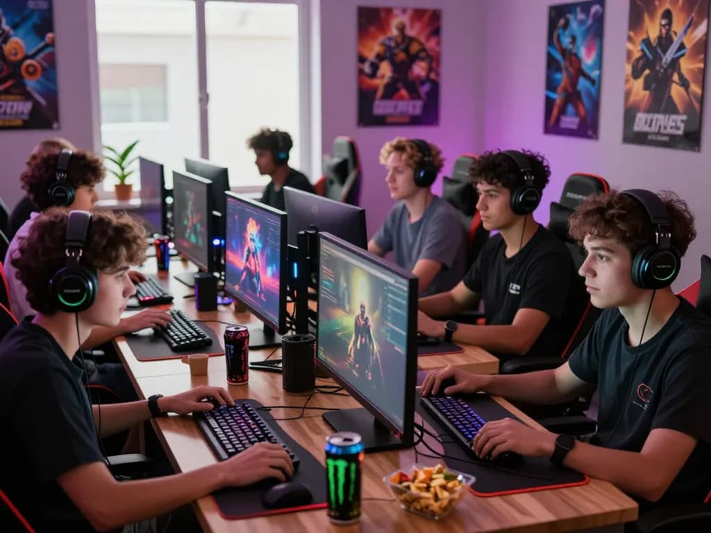 Players enjoying meledak88 multiplayer gaming in vibrant room filled with gaming gear and snacks.