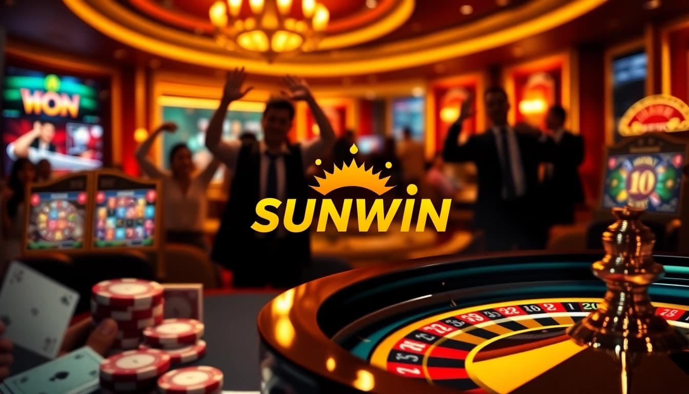 Experience the excitement of sunwin gaming with vibrant casino visuals showcasing poker chips and roulette.
