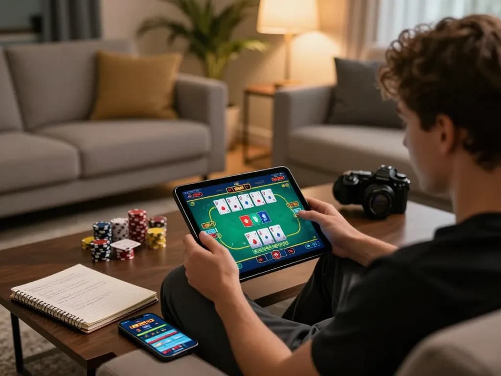 Enjoying gameplay at a credit card casino with a tablet and strategy notes