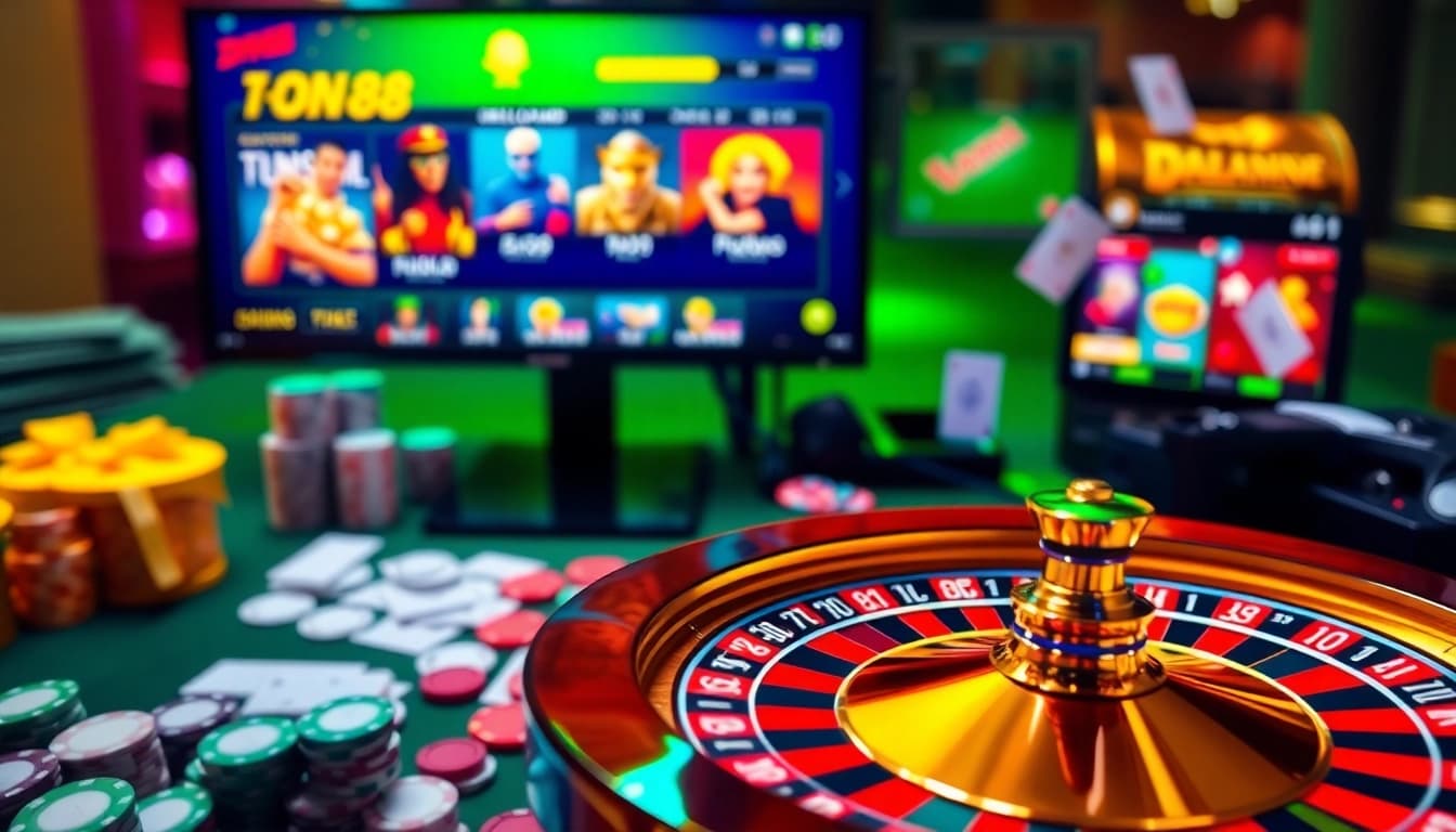 Experience thrilling gameplay at dn88 casino with vibrant roulette, poker chips, and digital gaming elements.