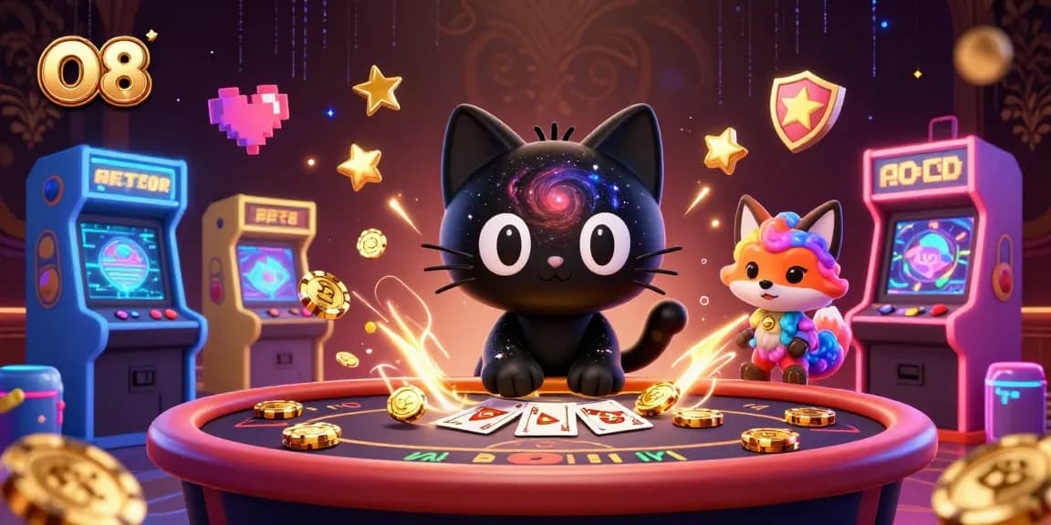 O8 attracts players with its cosmic casino charm, featuring a black hole cat and colorful elements.
