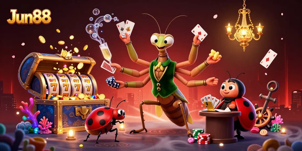 Jun88 showcases winning strategies in an engaging online casino scene with vivid characters and dynamic elements.