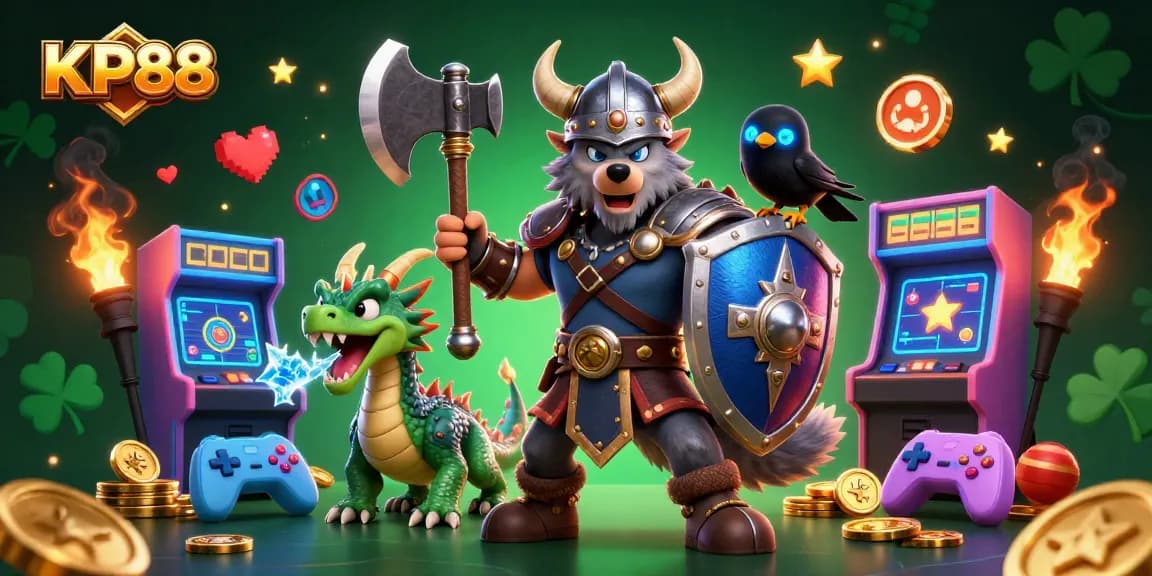 Engage in thrilling gameplay at KP88 with dynamic casino characters and vibrant arcade game elements.