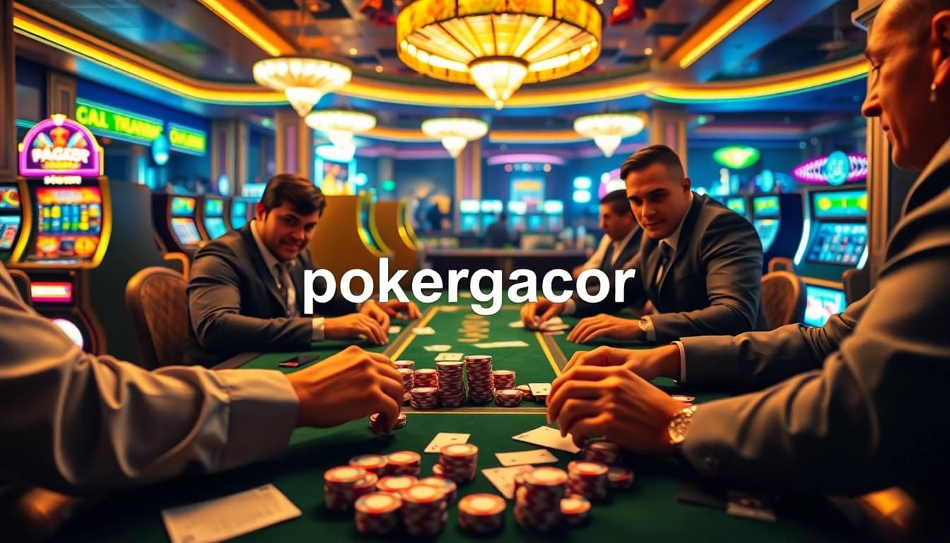 Intense poker gameplay at a luxurious casino highlighting pokergacor with vibrant colors and professional players.