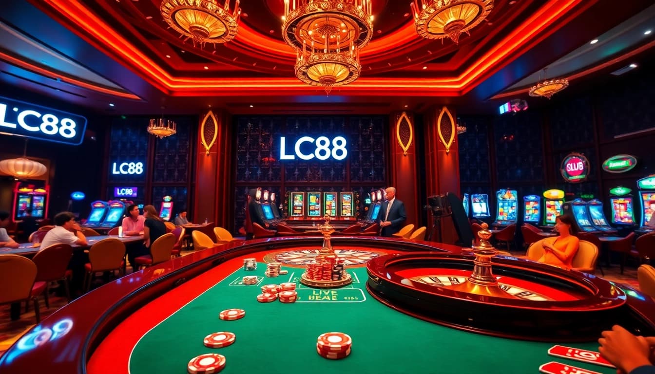 Players enjoy high-stakes action at LC88 casino tables, showcasing excitement and luxury.