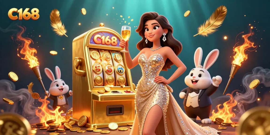 C168 elevates online gaming excitement as a glamorous woman celebrates beside a jackpot slot machine.