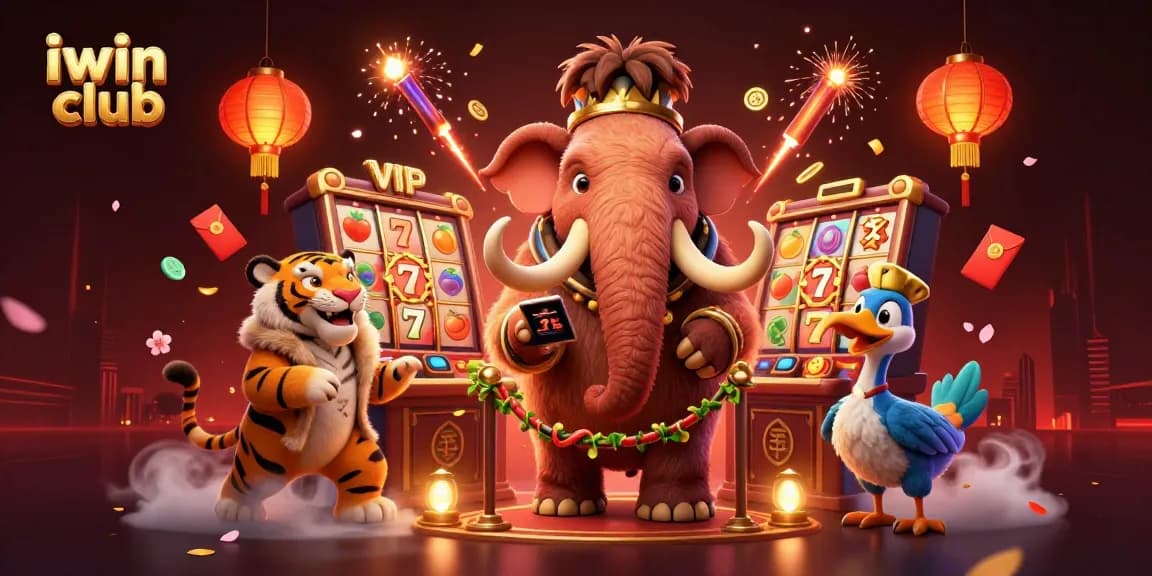 Experience the vibrant iwin club with a mammoth bouncer and dynamic slot reels in this casino illustration.