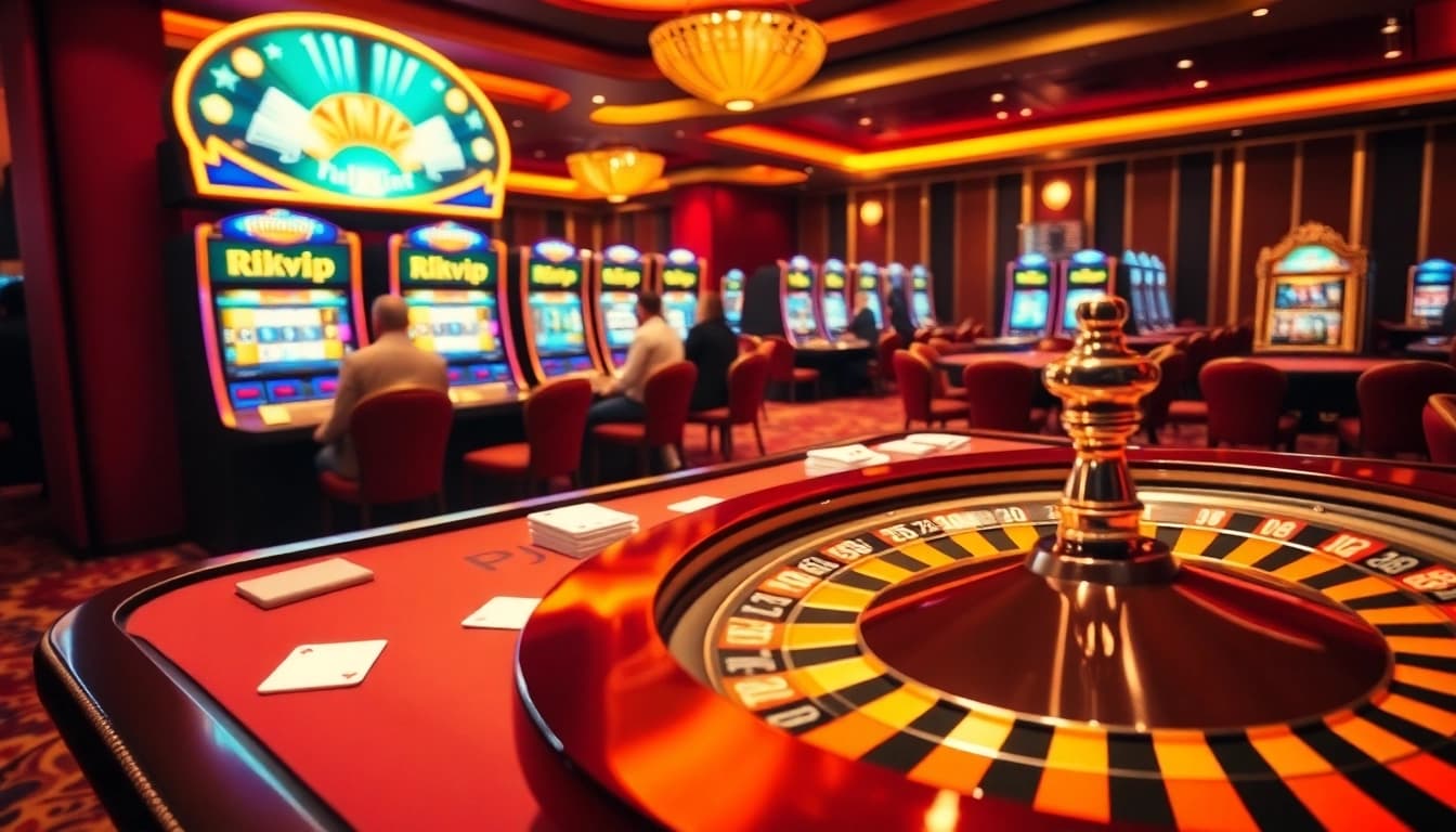 Rikvip players enjoying a thrilling casino experience at lavish gaming tables and vibrant slot machines.