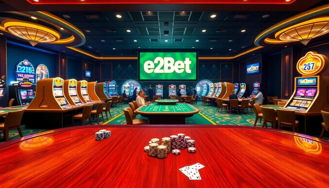 Experience the excitement of e2bet with an immersive online casino scene showcasing elegant tables and vibrant slot machines.