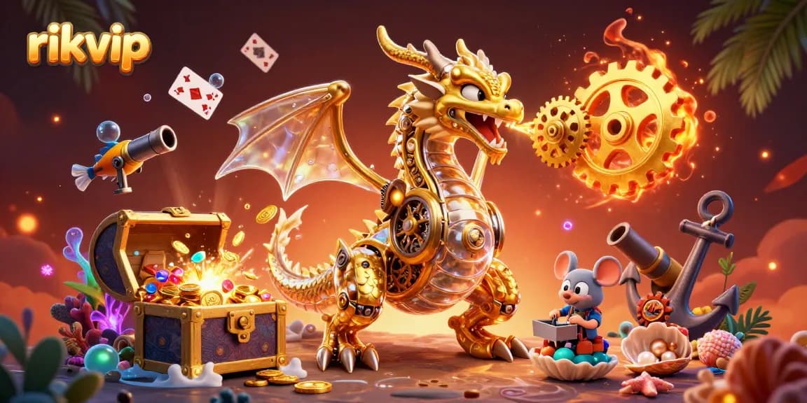 Win big at rikvip with a dynamic 3D illustration of a golden dragon amidst treasures and gameplay elements.