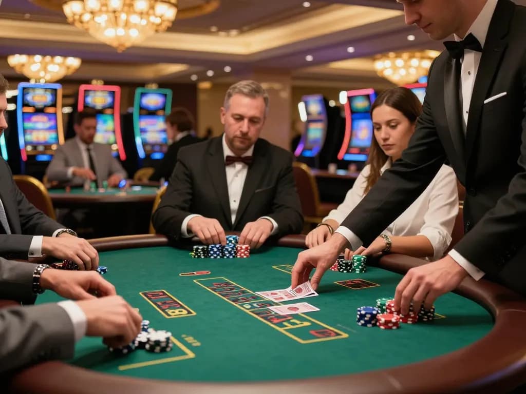 Players engage in strategic blackjack gameplay at a sophisticated casino, emphasizing XX88