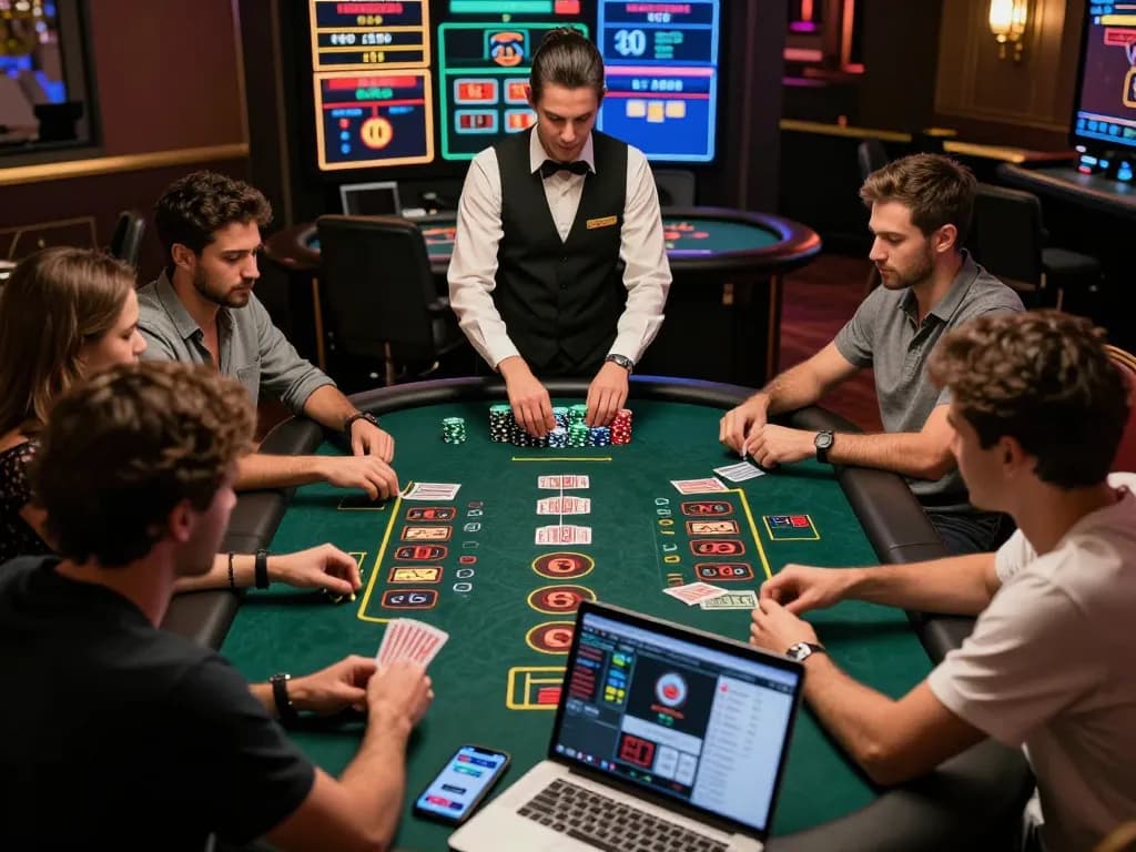 Win138 players engaging in an intense blackjack game with professional dealer and modern gaming setup.