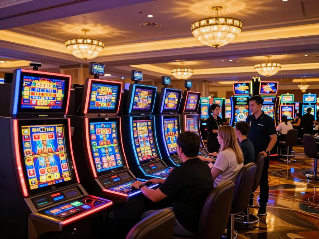 Experience the thrill of rr88 casino gaming with vibrant slot machines and engaged players.