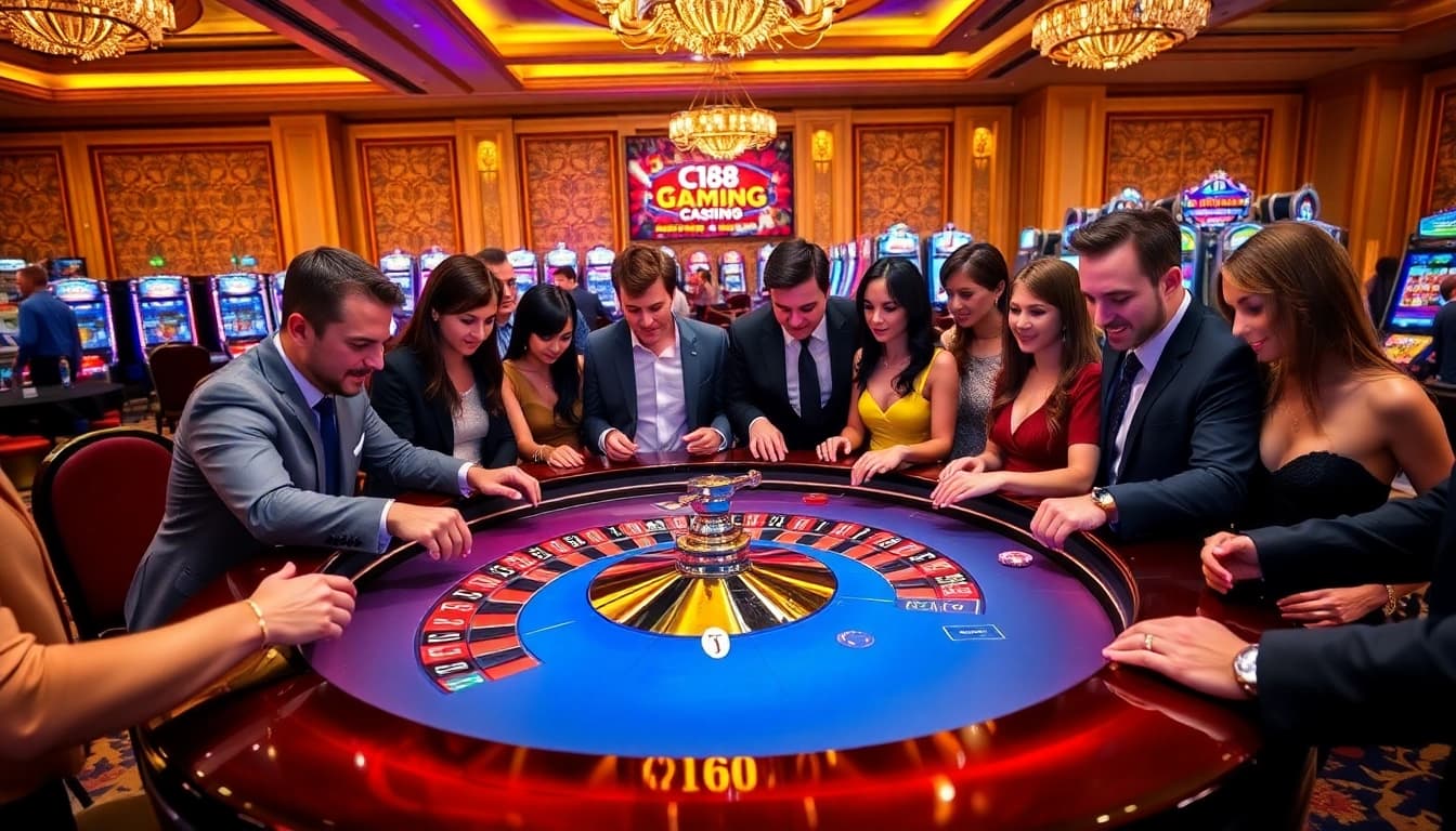 C168 players strategizing wins with chips and vibrant roulette in an elegant casino setting.
