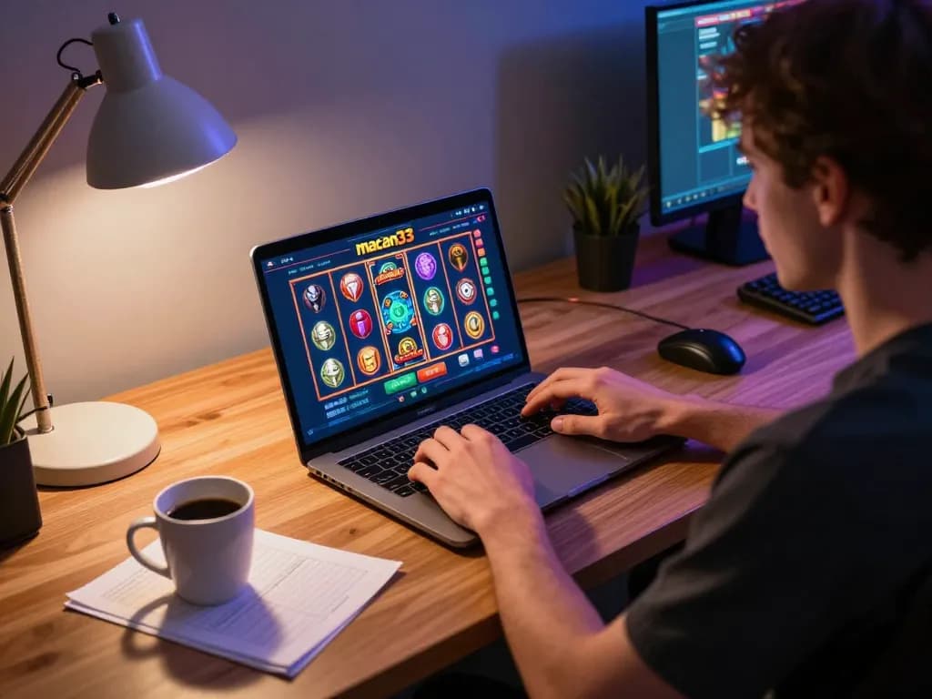 Engaged player enjoying macan33 online casino gameplay on a laptop at a cozy home office