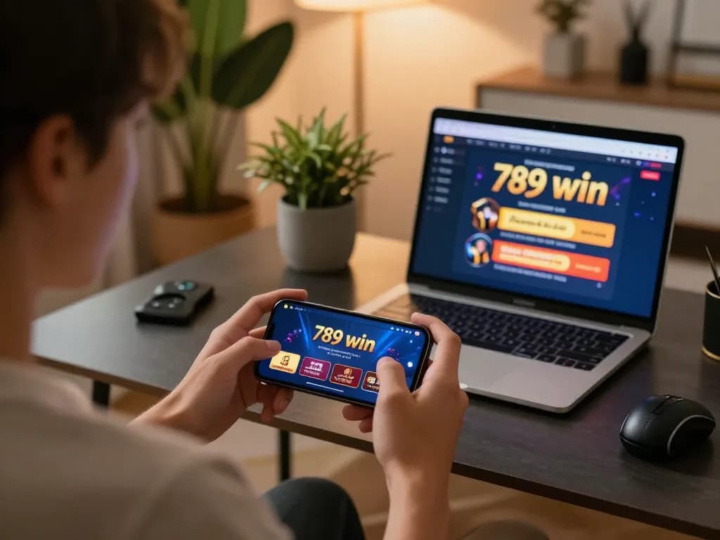 Engaging in 789 win mobile gaming experience with smartphone and cozy decor.