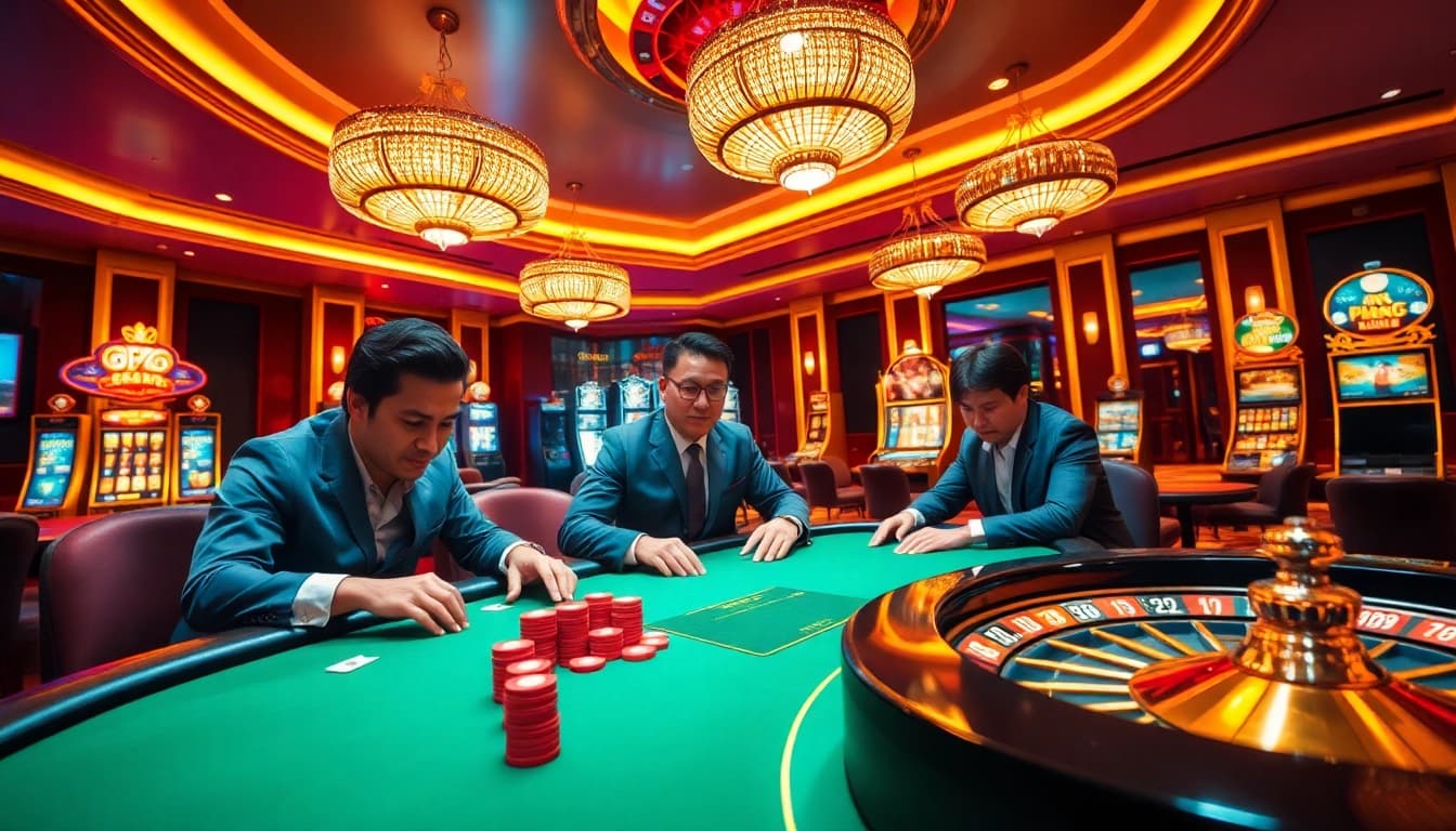 Engage in Đăng Nhập OPEN88 while experiencing a vibrant casino atmosphere filled with poker tables and slot machines.