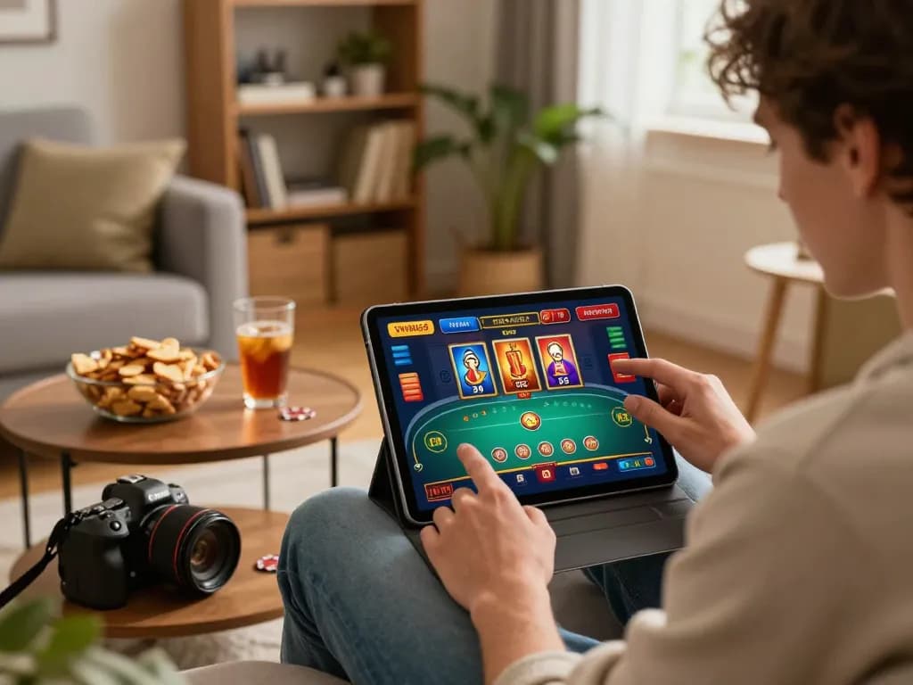 TWIN68 player engaging with an online casino app in a cozy home environment, showing interactive game options.