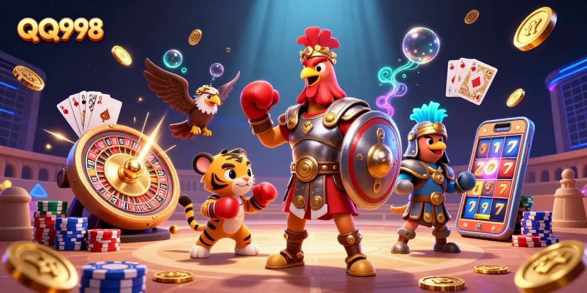 Exciting gameplay experience at QQ998, featuring dazzling slot reels, vibrant poker chips, and golden coins flying across the scene.