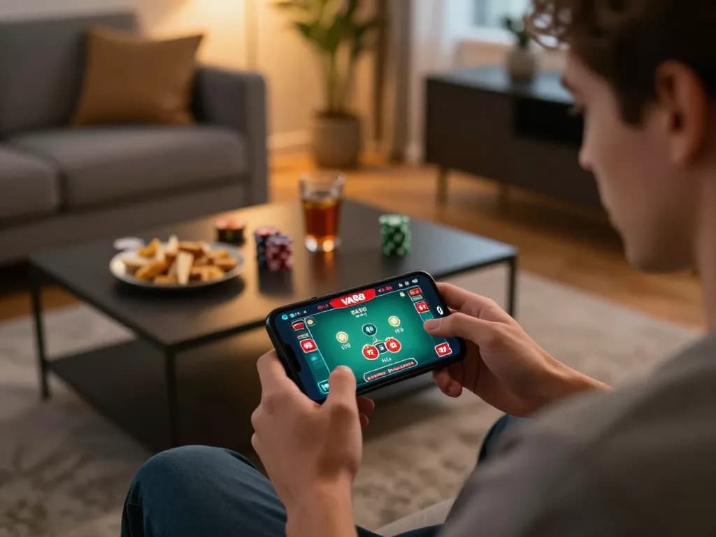 VA88 player engaging with casino app on smartphone in cozy setting, focusing on online gambling.