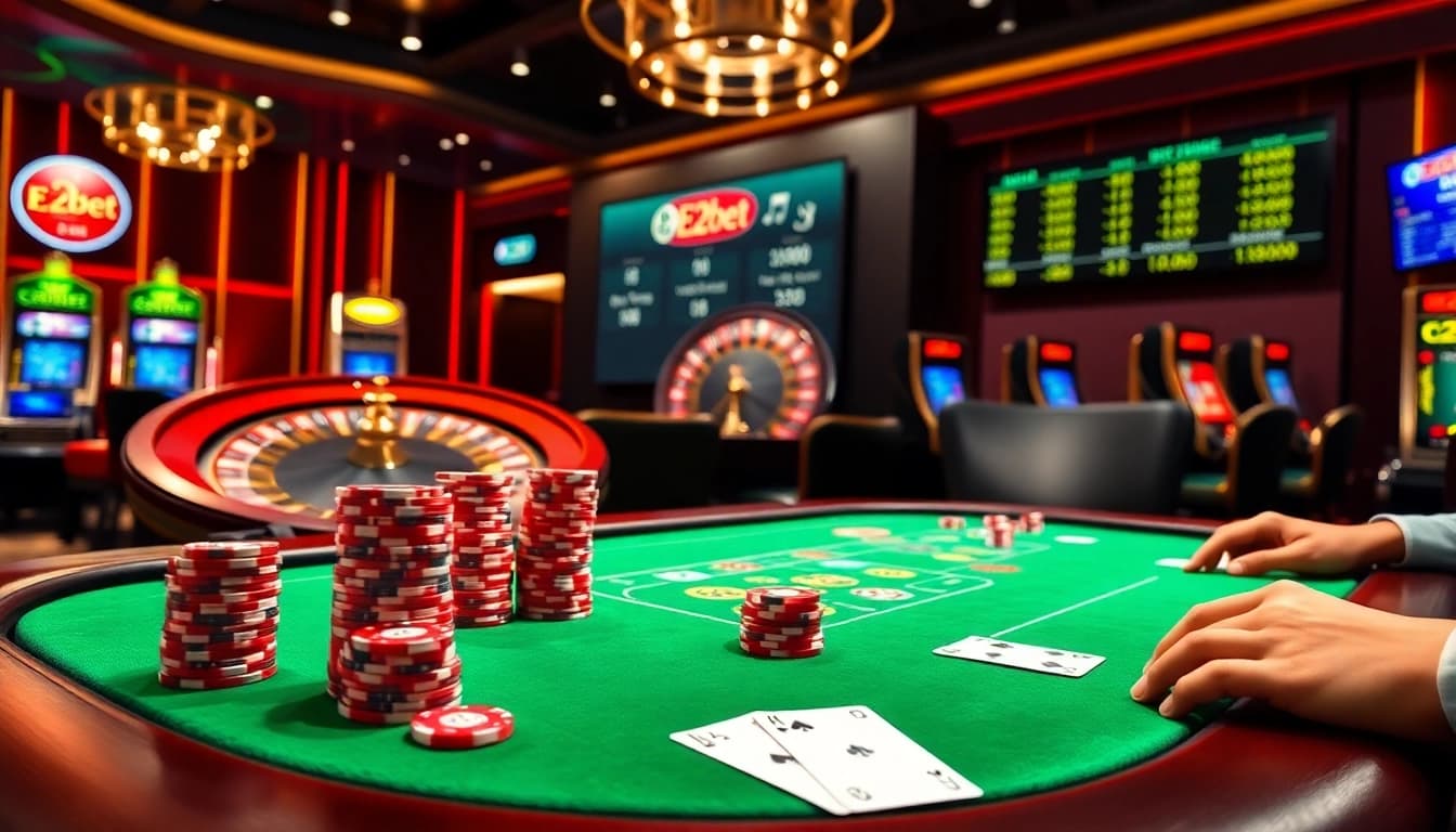 E2bet players enjoying poker with vibrant chips and cards, showcasing high-stakes casino excitement.