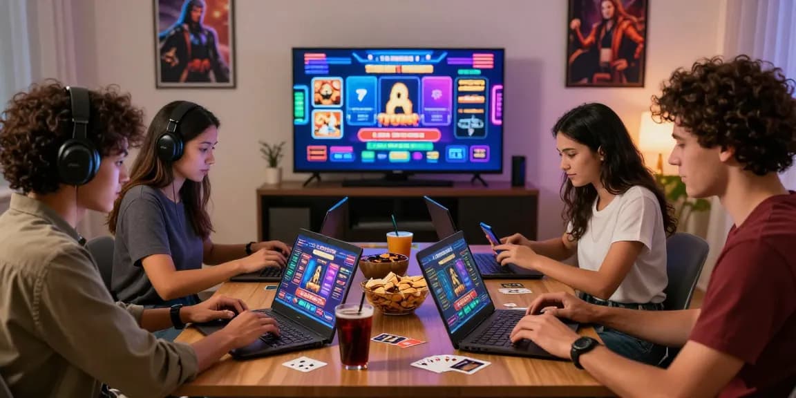 Friends enjoying gaming at a credit card casino with laptops and snacks