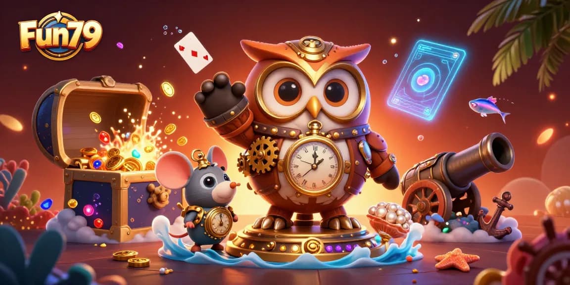 Win big at Fun79 with an engaging illustration of a time-traveler owl and casino elements.