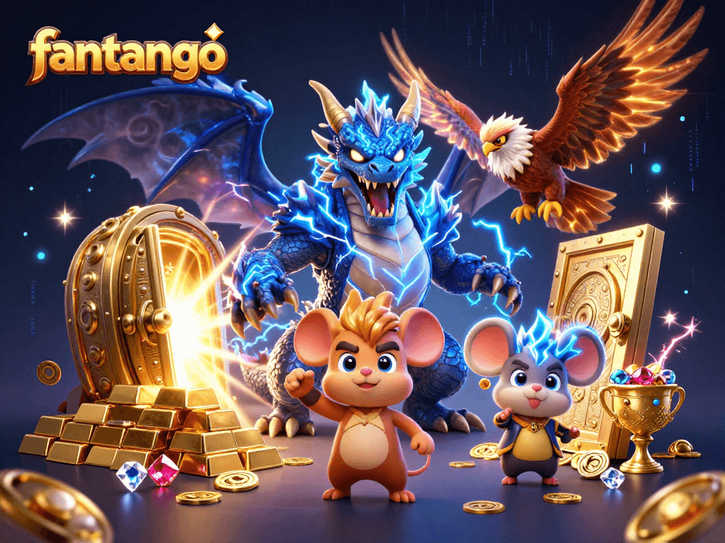 Experience thrilling gameplay with fantango in this dynamic casino illustration showcasing powerful characters and treasures.