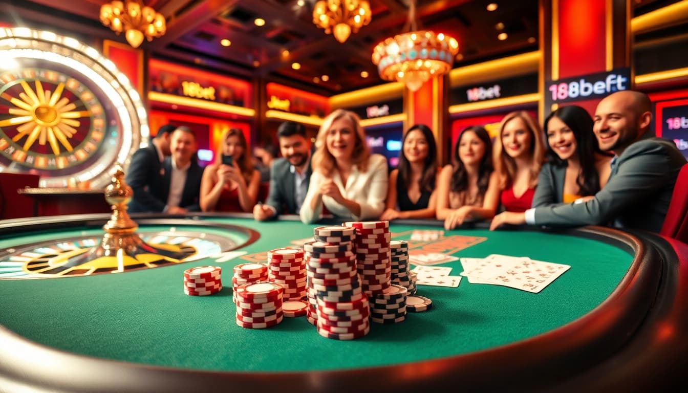 Experience the excitement of 188bet with diverse players at a luxurious casino table.