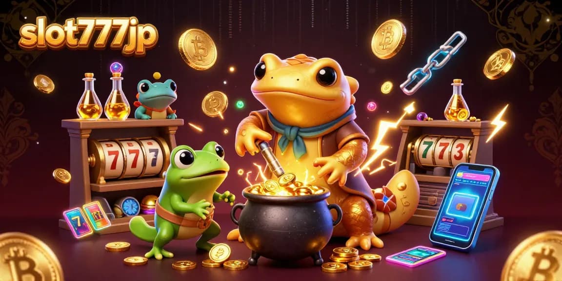 Experience winning with slot777jp in a vibrant 3D illustration showcasing alchemist characters transmuting gold.