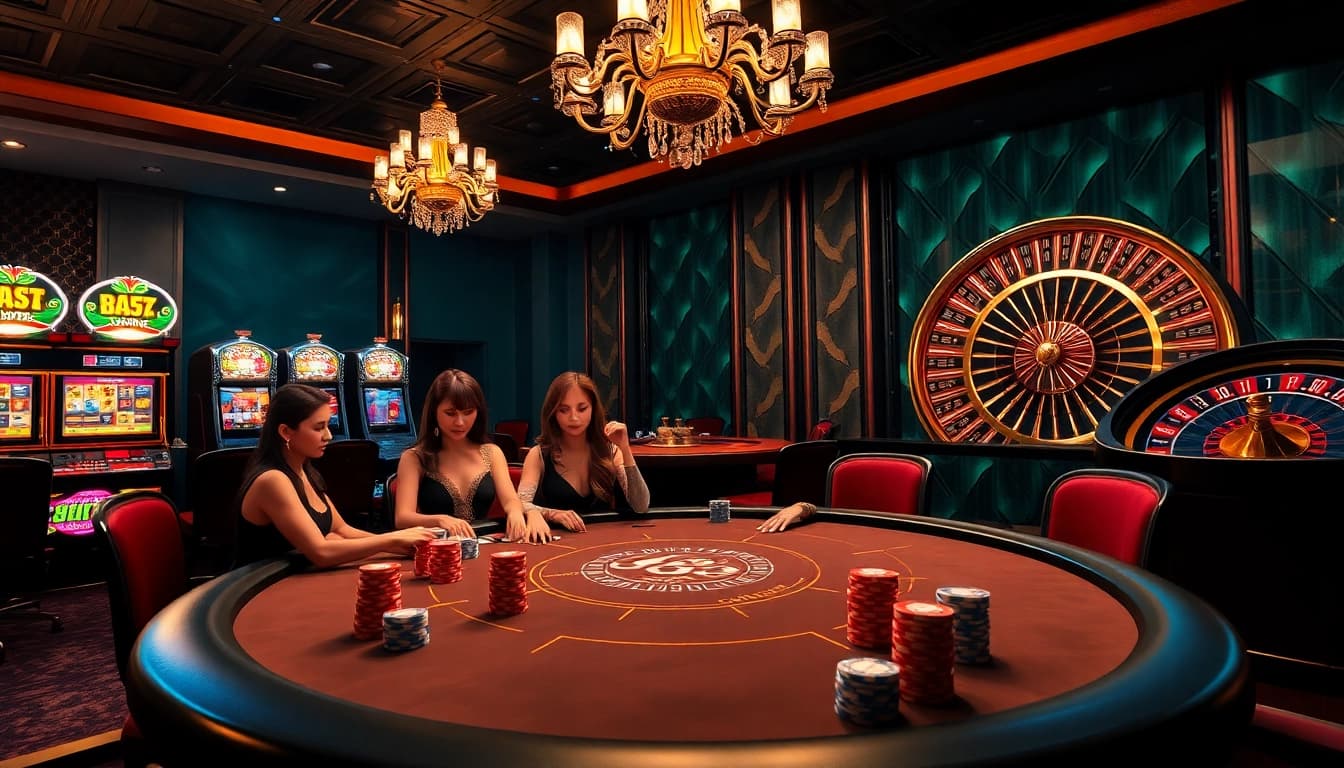 Exciting J88 poker game scene with players and vibrant casino elements.
