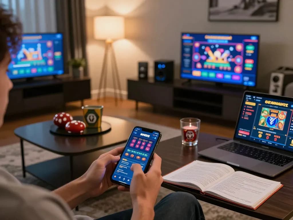 Player using MM88 app for online casino gaming on smartphone amidst cozy home setting.