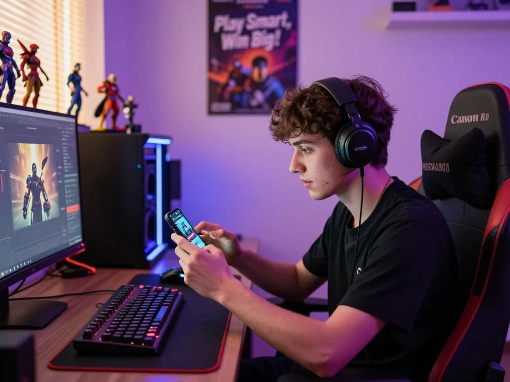 Exciting gaming atmosphere with a player engaged in the MEGA888 app surrounded by vibrant lights and gaming gear.