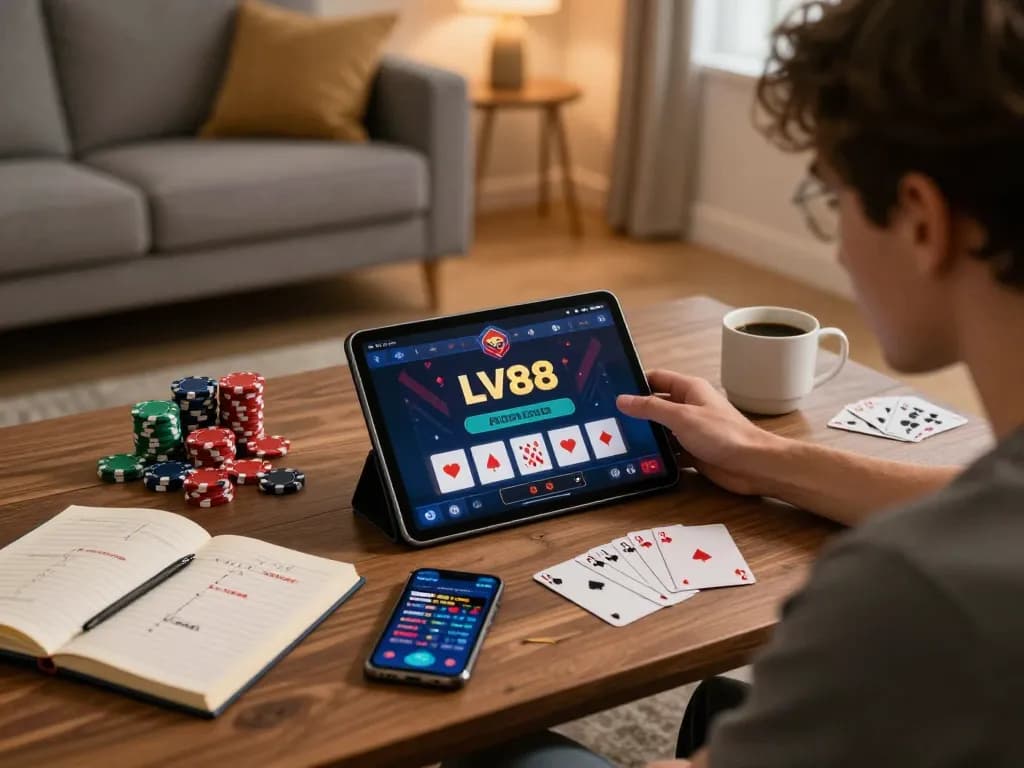 Person enjoying strategic gameplay on the LV88 casino app in a cozy home setting.