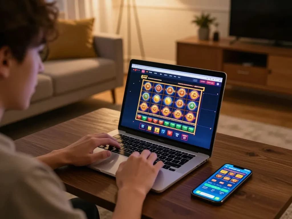 Player enjoying 9bet online casino games on laptop in a cozy home setting with warm lighting