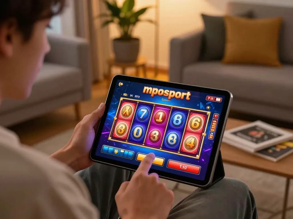 Engaging gameplay on mposport platform with colorful slot games displayed on tablet in relaxed home setting